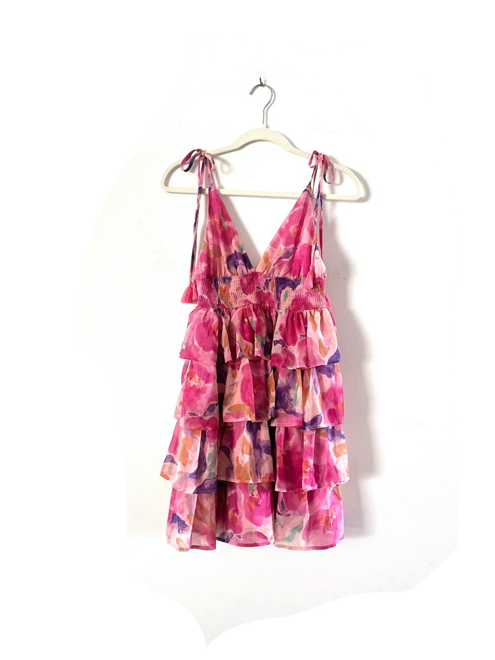 Meet Me In Santorini Pink Floral Tiered Ruffle Mini Dress M